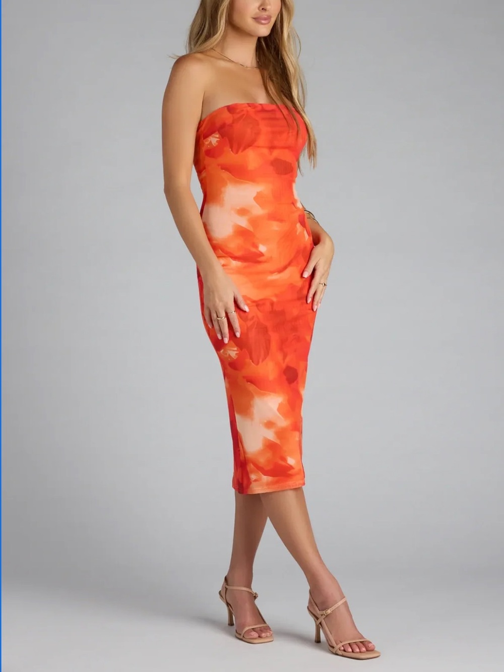 NWT Muse Mode Abstract Print Midi Tube Strapless Orange Watercolor Dress